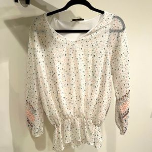 Casting Blouse Cinched Waist Beige with Pink and Green Detail Size 2